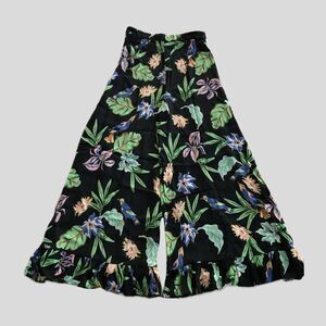 Zara Blue Green Colorful Floral Flowy Wide Leg Cropped Ruffle Vacation Pants S